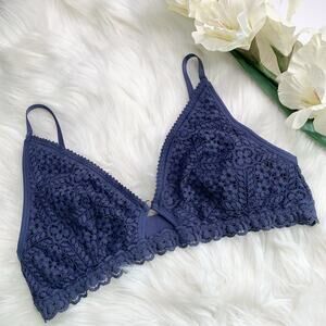 Aerie Women’s Large Lace Bralette Navy Blue Wireless Triangle Bra Top Keyhole